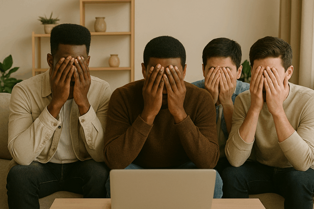 men covering eyes from laptop screen - stop watching porn